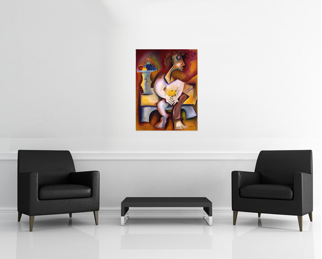 Room view — Forbidden Fruit by Alexandra Nechita shown to scale on a gallery wall at 36 x 26 in. Not a reproduction of the work.