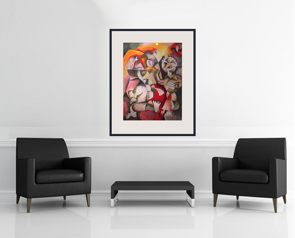 Room view — Forever Happy by Alexandra Nechita shown to scale on a gallery wall at 35.75 x 28.25 in. Not a reproduction of the work.