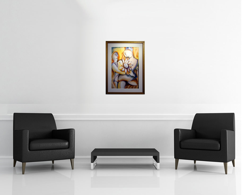 Room view — Fragrance of A Happy Home by Alexandra Nechita shown to scale on a gallery wall at 30 x 24 in. Not a reproduction of the work.