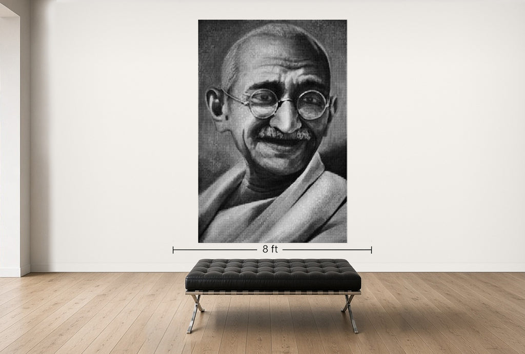 Room view — Gandhi vs. Mother Tereasa by Alex G Cao shown to scale on a gallery wall at 108 x 72 in. Not a reproduction of the work.