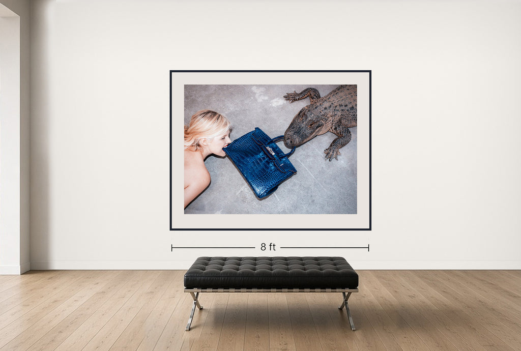 Room view — Gator Birkin III - Tug of War by Tyler Shields shown to scale on a gallery wall at 63 x 84 in. Not a reproduction of the work.