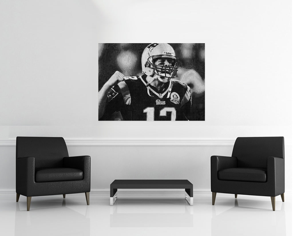 Room view — Brady vs Gisele 2015 by Alex G Cao shown to scale on a gallery wall at 36 x 54 in. Not a reproduction of the work.