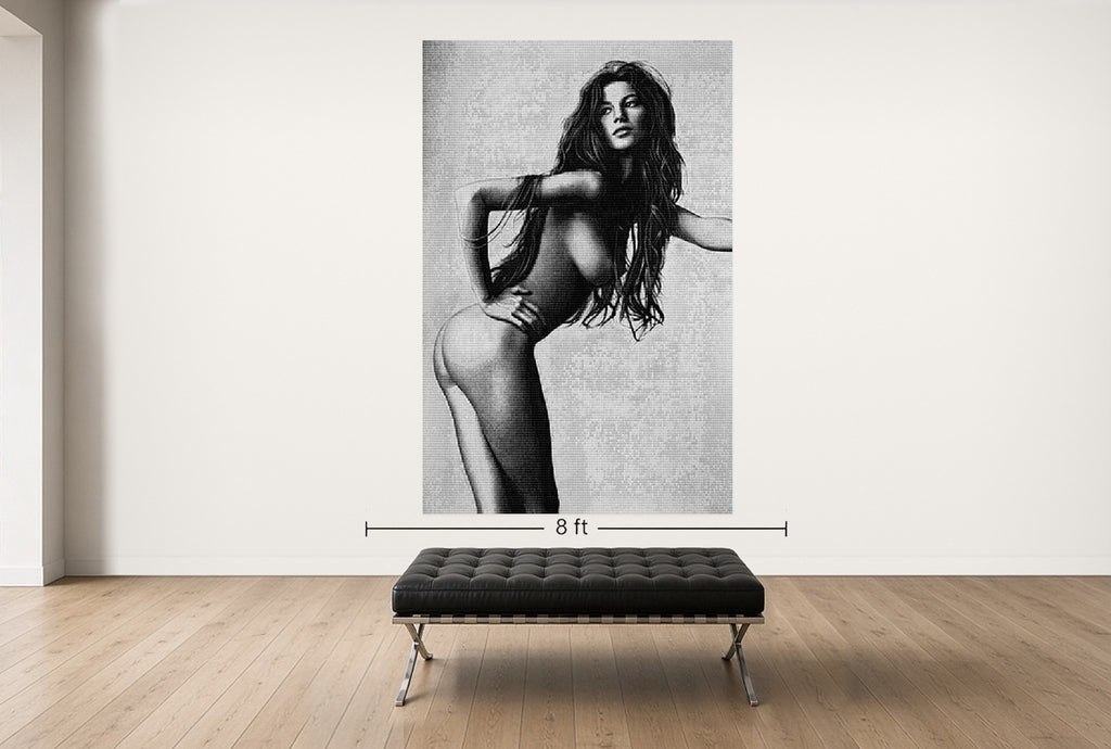 Room view — Gisele vs. Brady, After Penn by Alex G Cao shown to scale on a gallery wall at 108 x 72 in. Not a reproduction of the work.