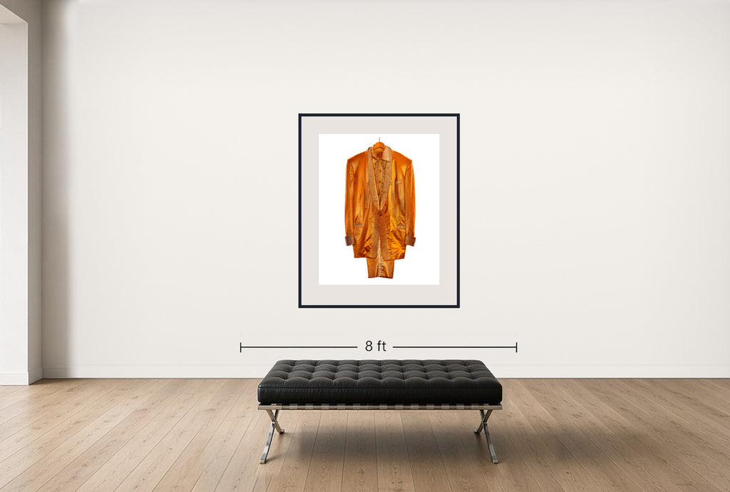 Room view — Gold Lamé Suit Made for Elvis Presley, 1991 by Albert Watson shown to scale on a gallery wall at 56 x 42 in. Not a reproduction of the work.