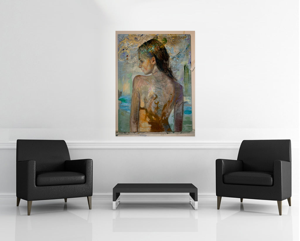 Room view — Golden Beach by Charles Dwyer Jr. shown to scale on a gallery wall at 48 x 36 in. Not a reproduction of the work.