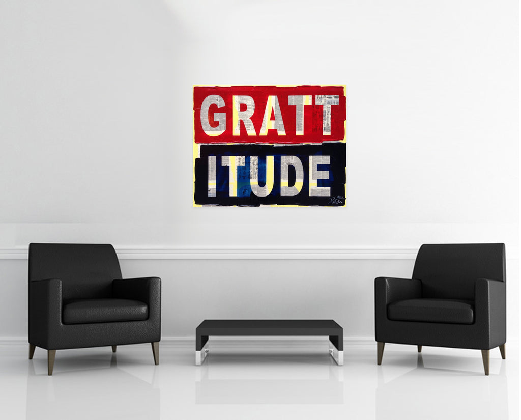 Room view — Grattitude, 2014 by Peter Tunney shown to scale on a gallery wall at 32 x 40 in. Not a reproduction of the work.