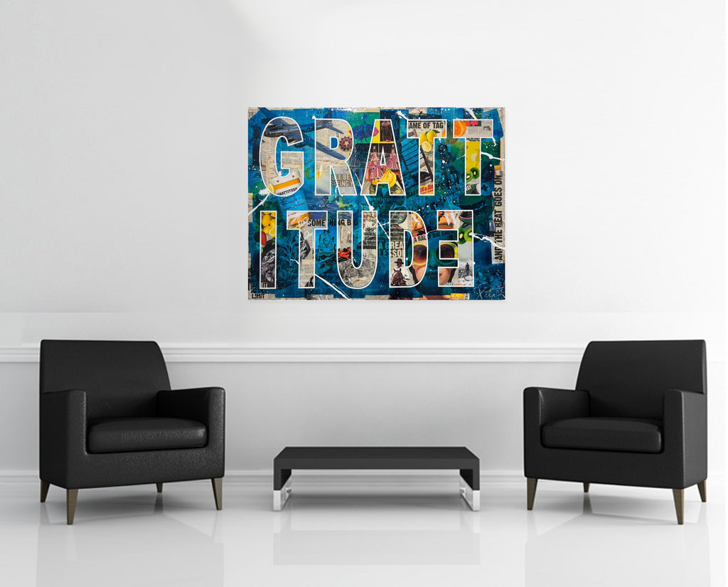 Room view — Grattitude, 2024 by Peter Tunney shown to scale on a gallery wall at 36 x 48 in. Not a reproduction of the work.