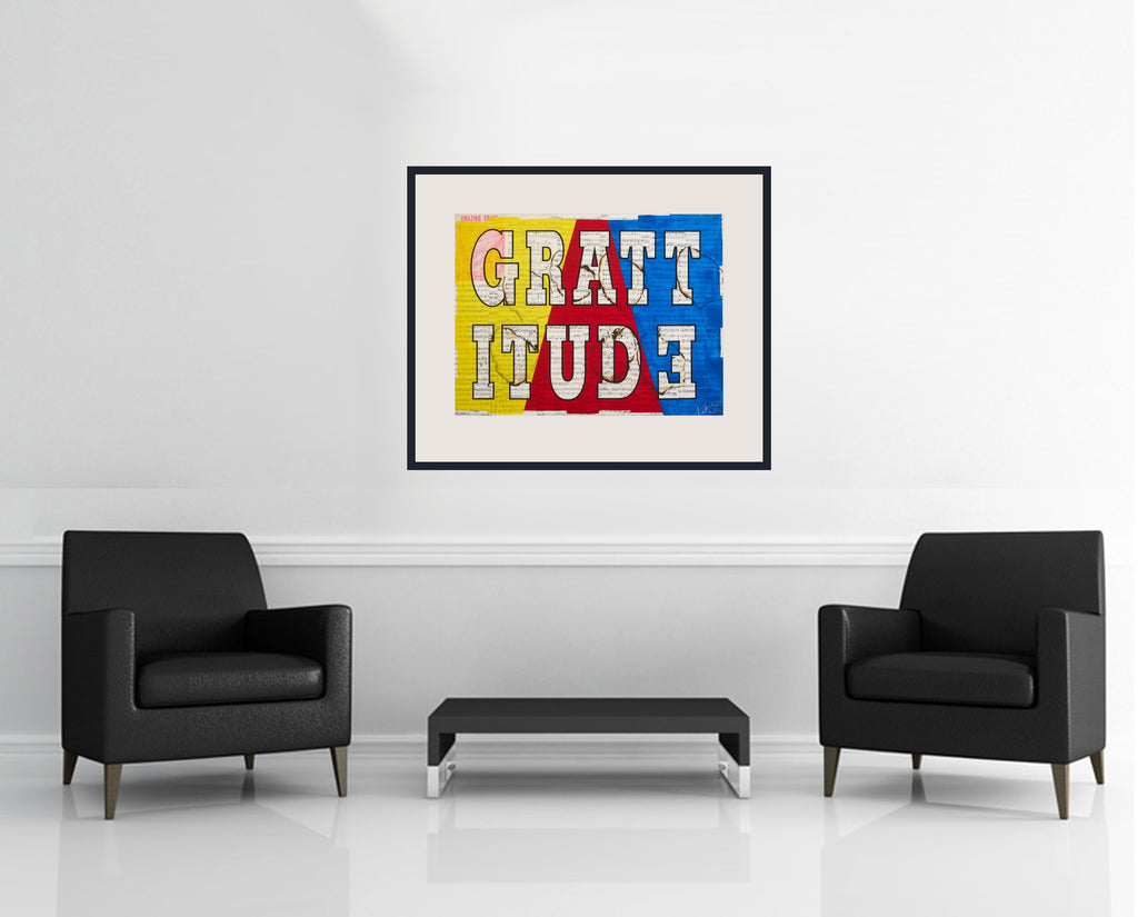 Room view — GRATTITUDE - Limited | Framed by Peter Tunney shown to scale on a gallery wall at 25 x 32 in. Not a reproduction of the work.