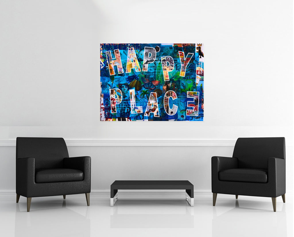 Room view — Happy Place (2024) by Peter Tunney shown to scale on a gallery wall at 36 x 48 in. Not a reproduction of the work.