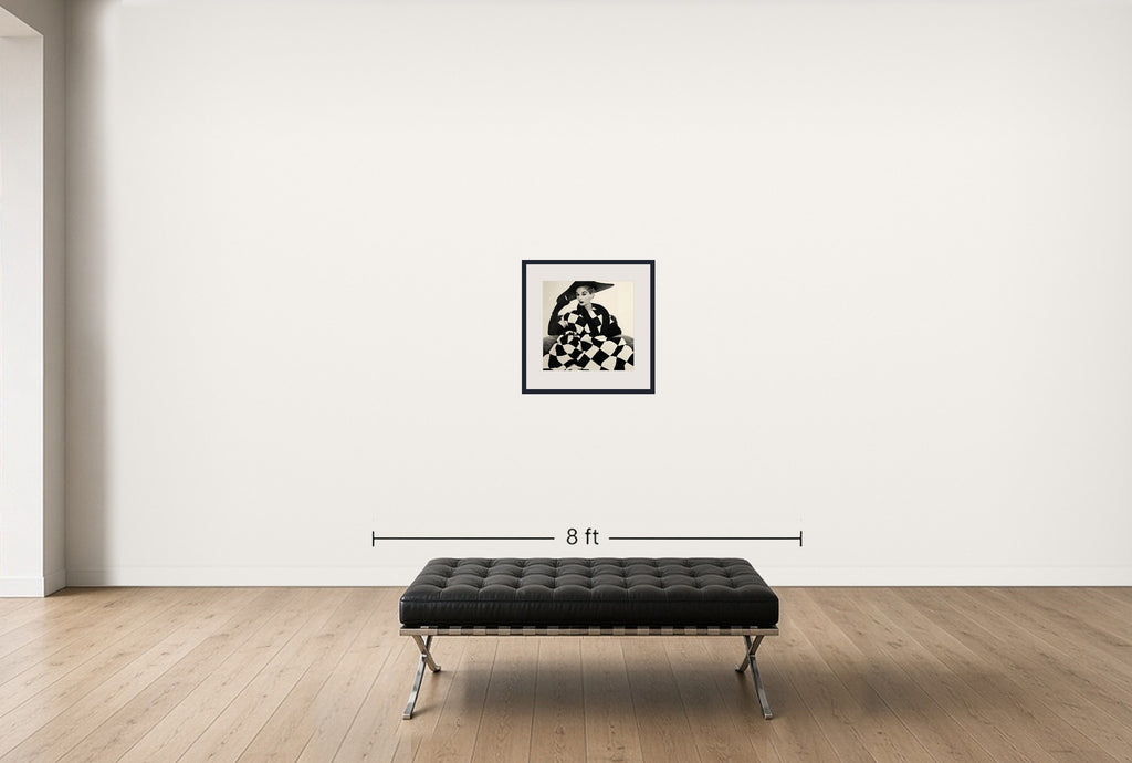 Room view — Harlequin Dress, New York (Lisa Fonsagrives-Penn), 1983 by Irving Penn shown to scale on a gallery wall at 20 x 24 in. Not a reproduction of the work.