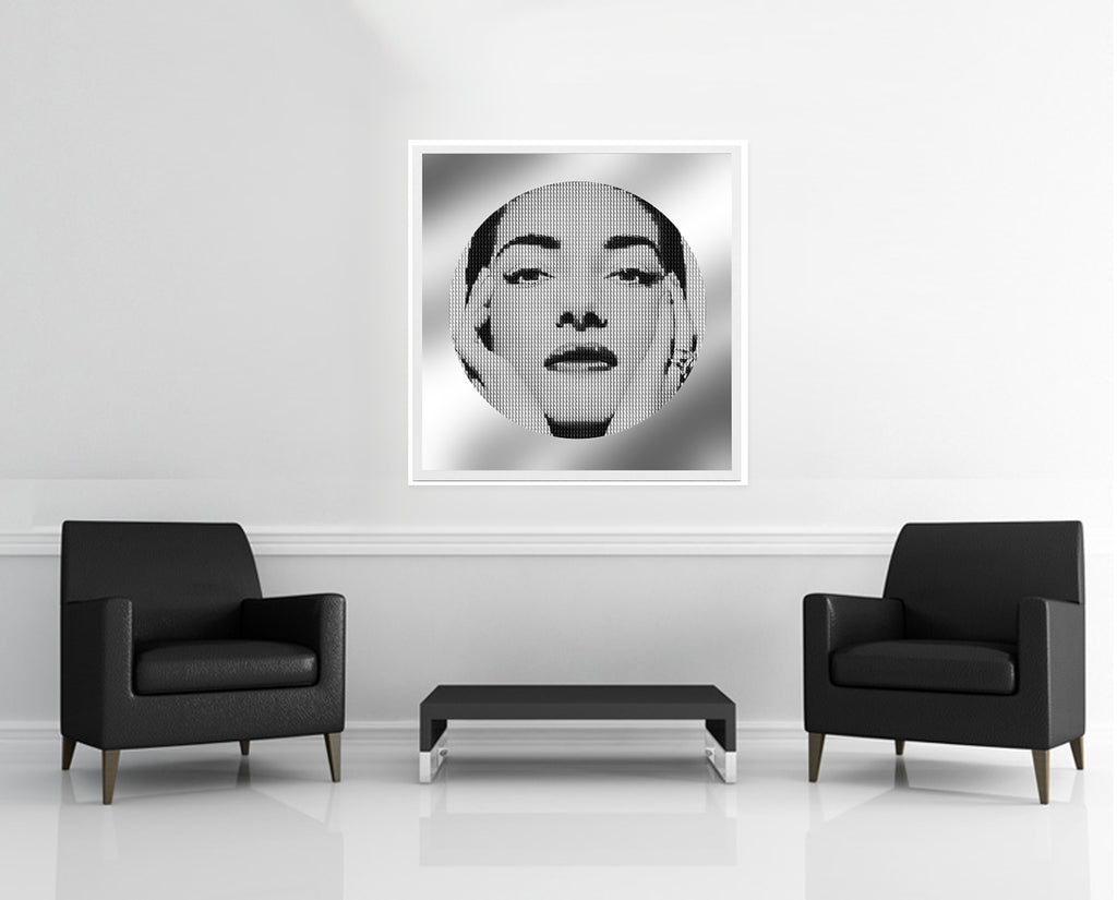 Room view — Heartbreak Hotel (Callas vs Tebaldi) 2019 by Alex G Cao shown to scale on a gallery wall at 42 x 42 in. Not a reproduction of the work.