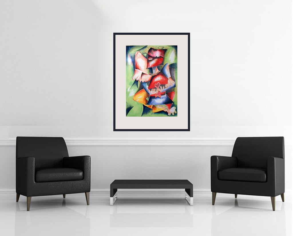 Room view — Hearts to Love, Wings to Fly by Alexandra Nechita shown to scale on a gallery wall at 35.5 x 23.75 in. Not a reproduction of the work.