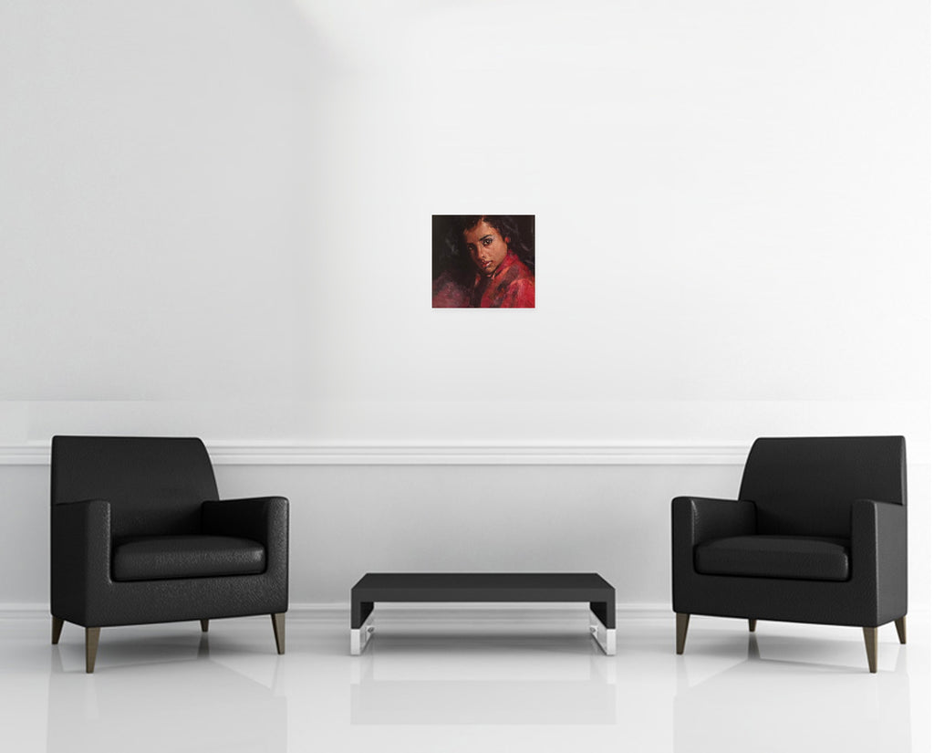 Room view — Helen in Red by Doug Dawson shown to scale on a gallery wall at 15 x 15 in. Not a reproduction of the work.