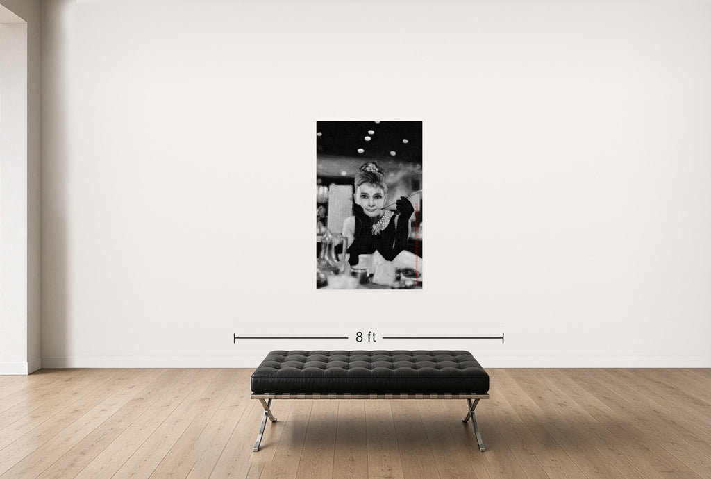 Room view — Hepburn vs. Dietrich by Alex G Cao shown to scale on a gallery wall at 60 x 40 in. Not a reproduction of the work.