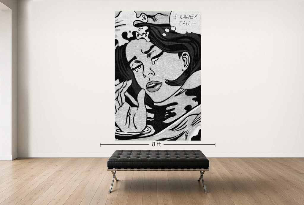 Room view — I Care, Call after Lichtenstein by Alex G Cao shown to scale on a gallery wall at 108 x 72 in. Not a reproduction of the work.