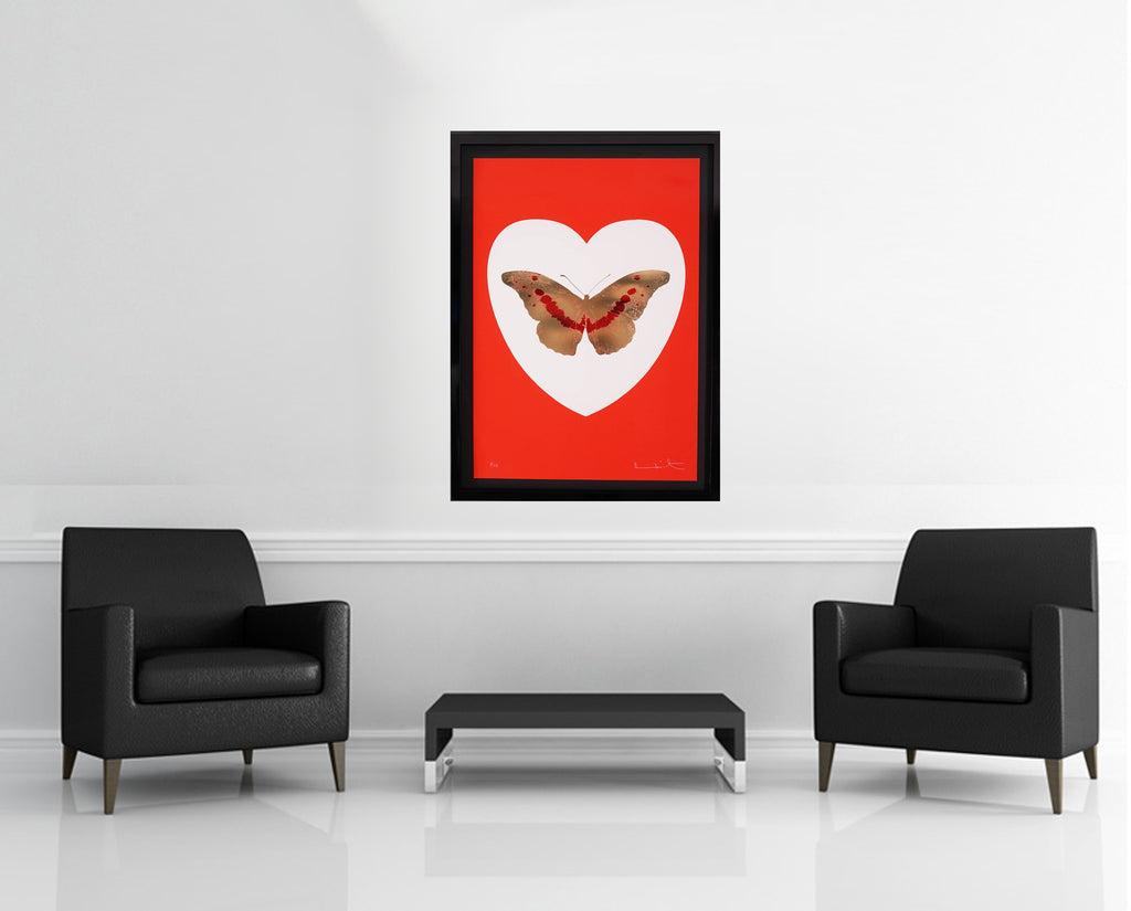 Room view — I Love You Butterfly, Red/Gold, 2015 by Damien Hirst shown to scale on a gallery wall at 44.5 x 32.75 in. Not a reproduction of the work.