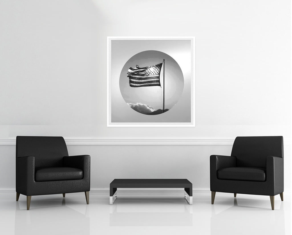 Room view — If I Can Dream (Flag vs Liberty, after Mapplethorpe) 2019 by Alex G Cao shown to scale on a gallery wall at 42 x 42 in. Not a reproduction of the work.