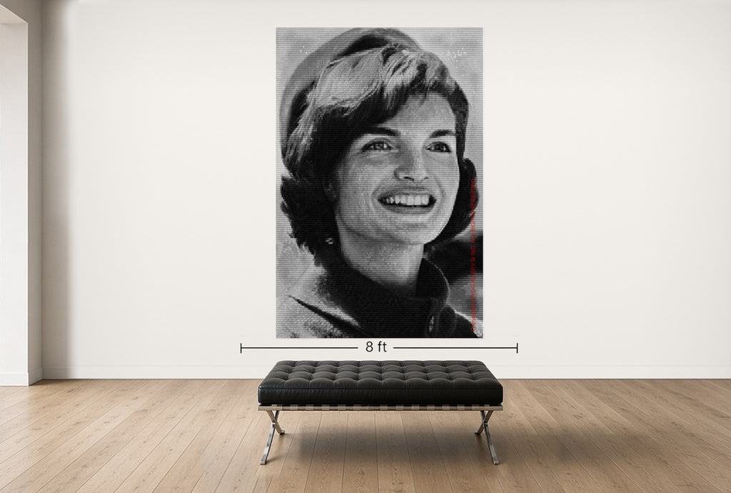 Room view — Jackie vs. JFK II by Alex G Cao shown to scale on a gallery wall at 108 x 72 in. Not a reproduction of the work.
