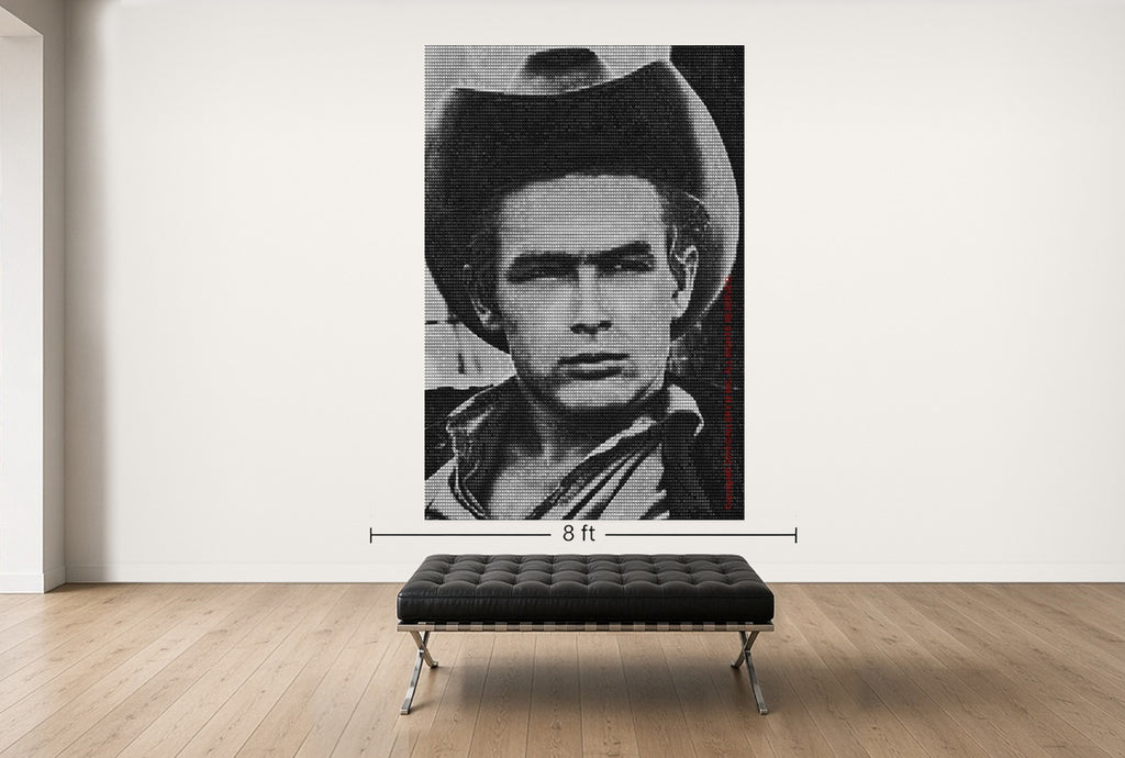 Room view — James Dean vs. Elvis by Alex G Cao shown to scale on a gallery wall at 108 x 72 in. Not a reproduction of the work.