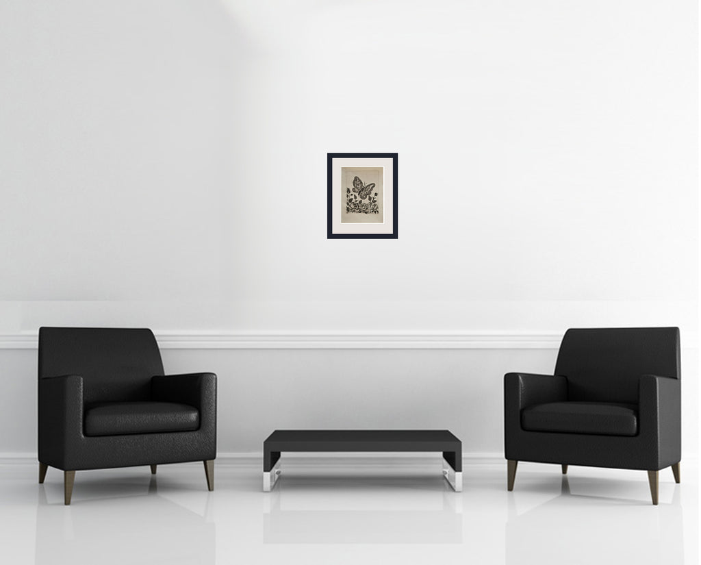 Room view — Le Papillon (The Butterfly) 1936 (Paris) by Pablo Picasso shown to scale on a gallery wall at 11.25 x 8.5 in. Not a reproduction of the work.