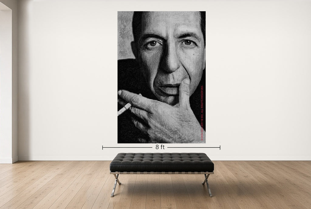 Room view — Leonard Cohen vs. Bob Dylan by Alex G Cao shown to scale on a gallery wall at 108 x 72 in. Not a reproduction of the work.