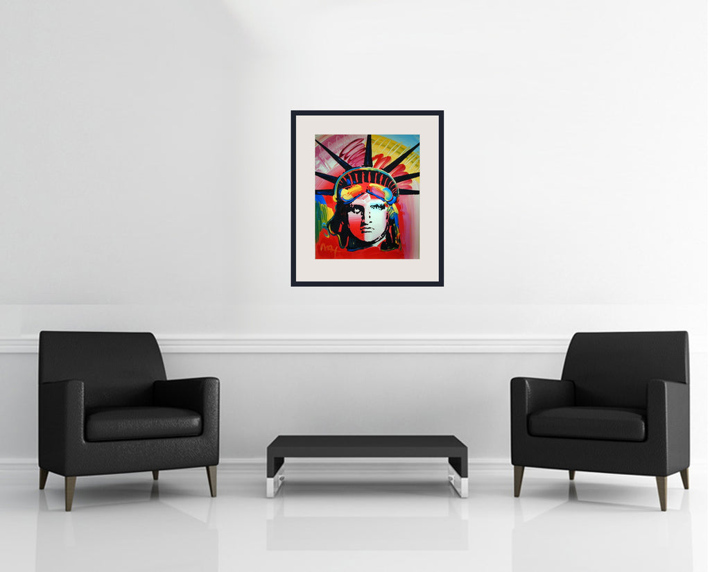 Room view — Liberty Head 2000 by Peter Max shown to scale on a gallery wall at 24 x 20 in. Not a reproduction of the work.