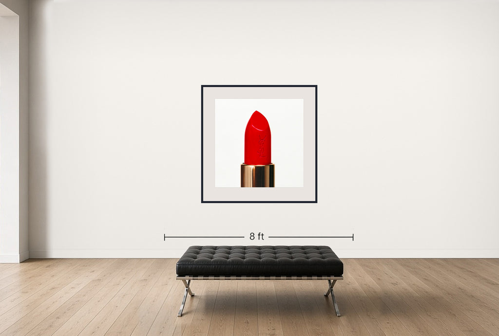 Room view — Lip Stick - Pristine YSL by Tyler Shields shown to scale on a gallery wall at 45 x 45 in. Not a reproduction of the work.