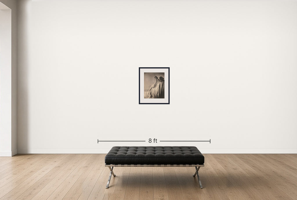 Room view — Lisa on Silk, 1940 by Horst P Horst shown to scale on a gallery wall at 22.13 x 18.39 in. Not a reproduction of the work.