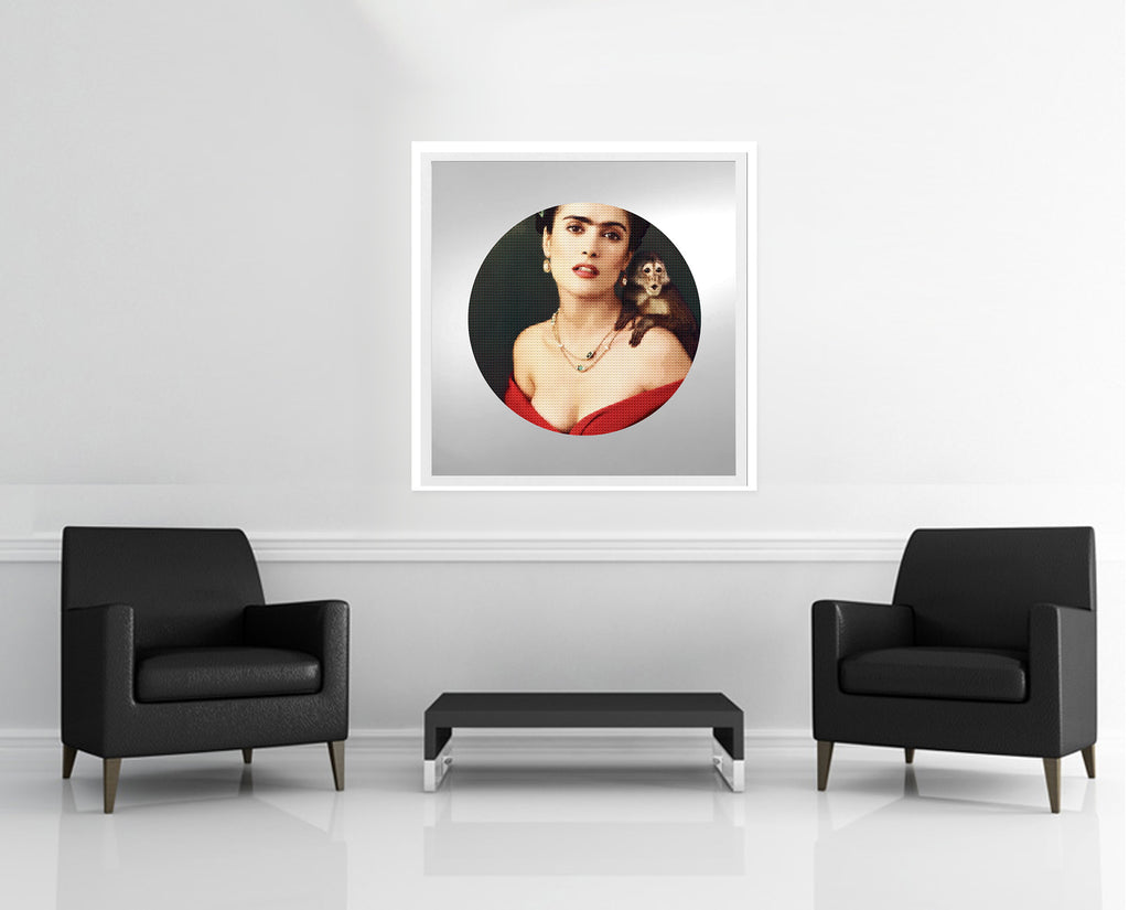 Room view — Love Me Tender (Salma vs Frida) 2019 by Alex G Cao shown to scale on a gallery wall at 42 x 42 in. Not a reproduction of the work.