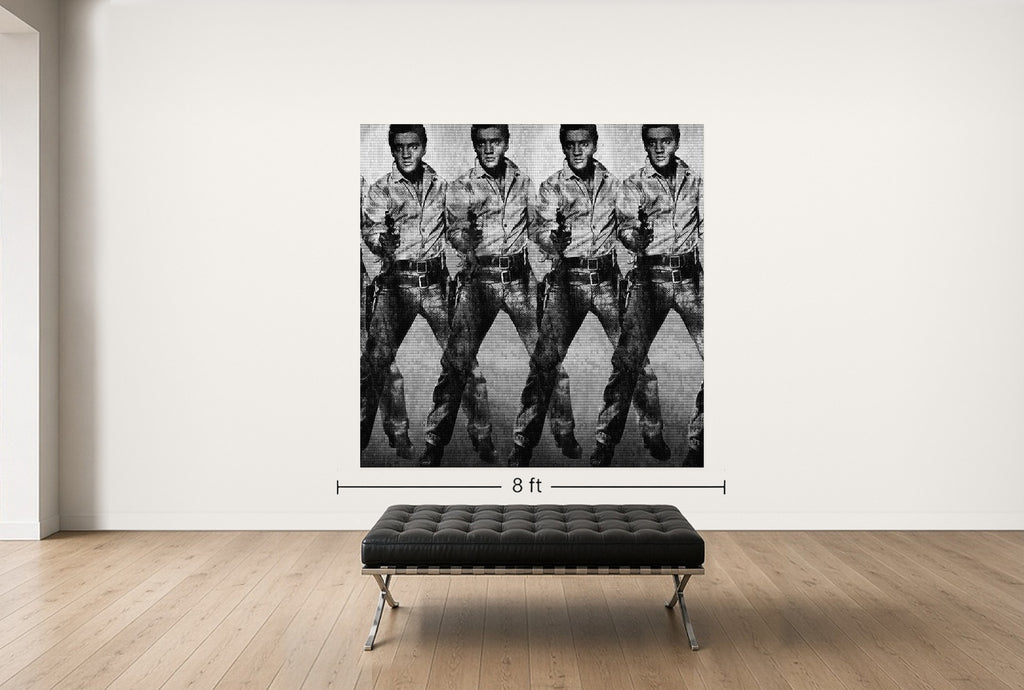 Room view — LOVE YOU TENDER, KILL ME SOFTLY, ELVIS vs WARHOL, 2014 by Alex G Cao shown to scale on a gallery wall at 85 x 85 in. Not a reproduction of the work.
