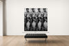 Room view — LOVE YOU TENDER, KILL ME SOFTLY, ELVIS vs WARHOL, 2014 by Alex G Cao shown to scale on a gallery wall at 85 x 85 in. Not a reproduction of the work.