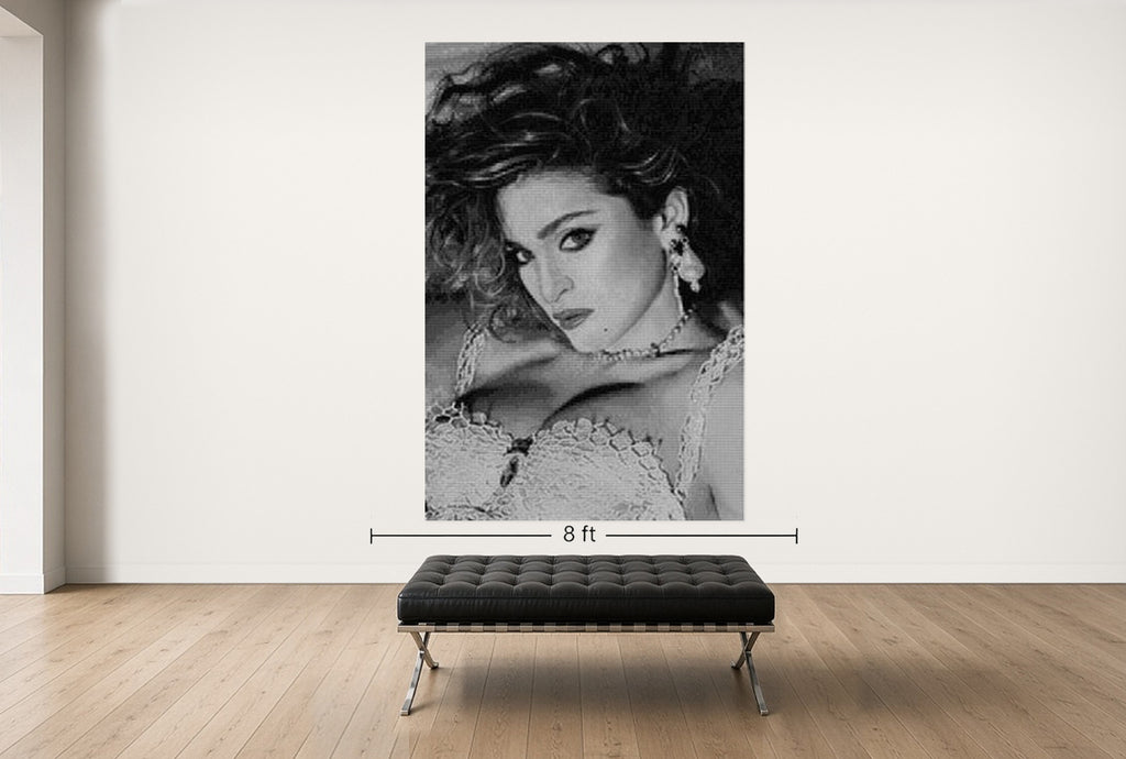 Room view — Madonna vs. Madonna by Alex G Cao shown to scale on a gallery wall at 108 x 72 in. Not a reproduction of the work.