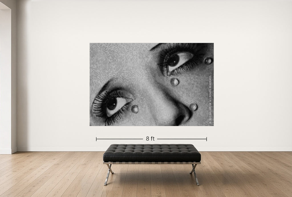 Room view — Man Ray Tear vs. Tear by Alex G Cao shown to scale on a gallery wall at 72 x 108 in. Not a reproduction of the work.