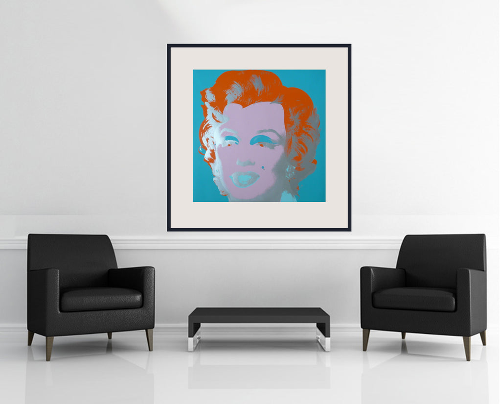 Room view — Marilyn 29 by Andy Warhol shown to scale on a gallery wall at 36 x 36 in. Not a reproduction of the work.