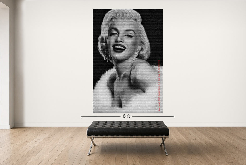 Room view — MARILYN vs BRIGITTE BARDOT by Alex G Cao shown to scale on a gallery wall at 108 x 72 in. Not a reproduction of the work.