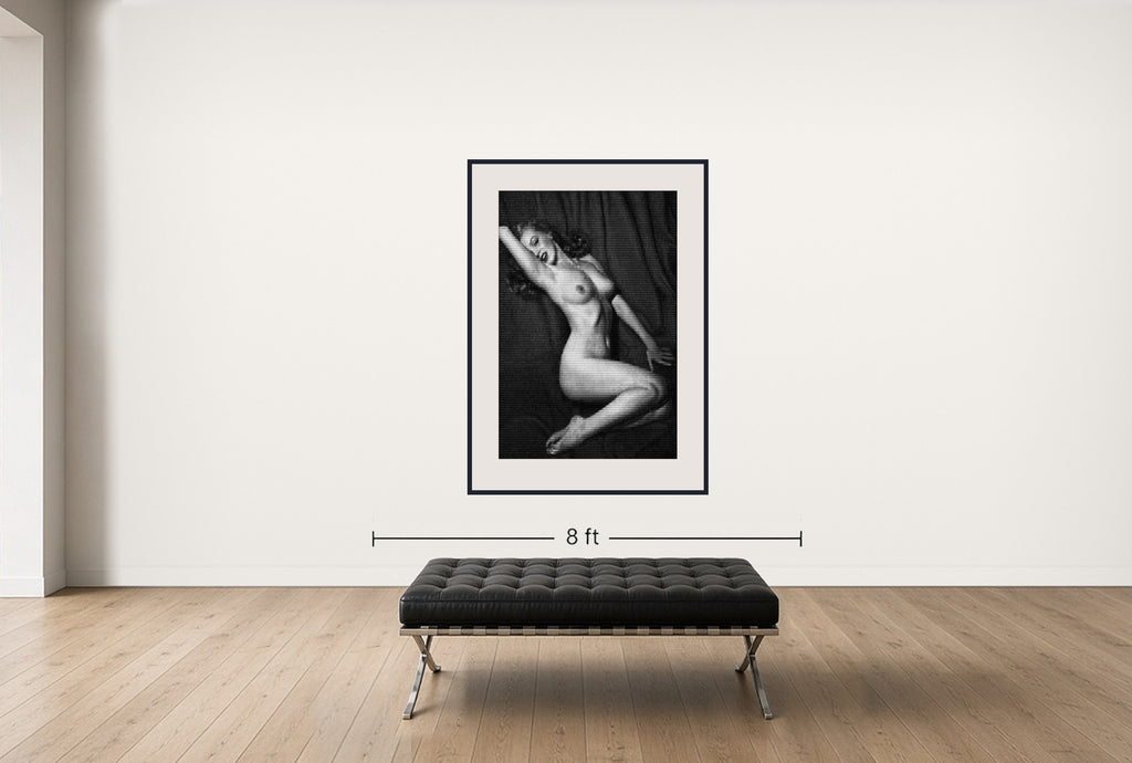Room view — MARILYN vs HUGH HEFNER by Alex G Cao shown to scale on a gallery wall at 60 x 40 in. Not a reproduction of the work.