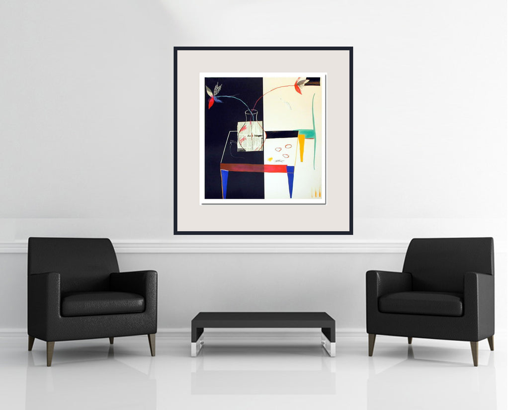 Room view — Mesa by Regina Saura shown to scale on a gallery wall at 35.5 x 35 in. Not a reproduction of the work.
