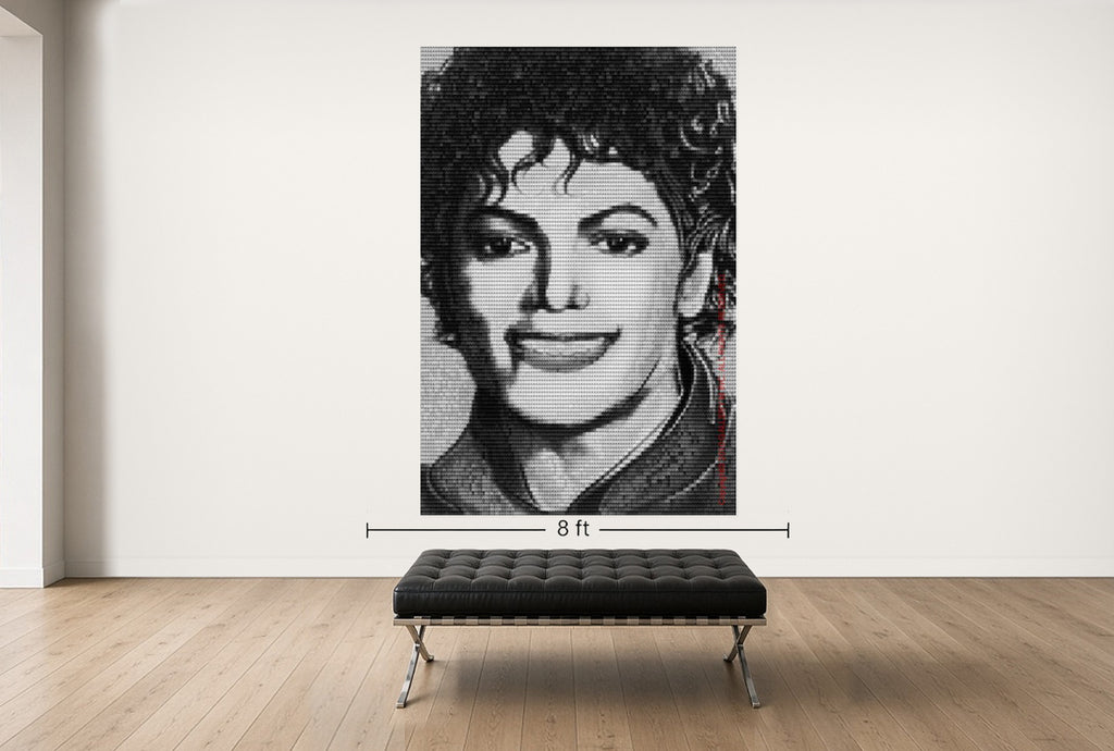 Room view — Michael vs. Marilyn by Alex G Cao shown to scale on a gallery wall at 108 x 72 in. Not a reproduction of the work.