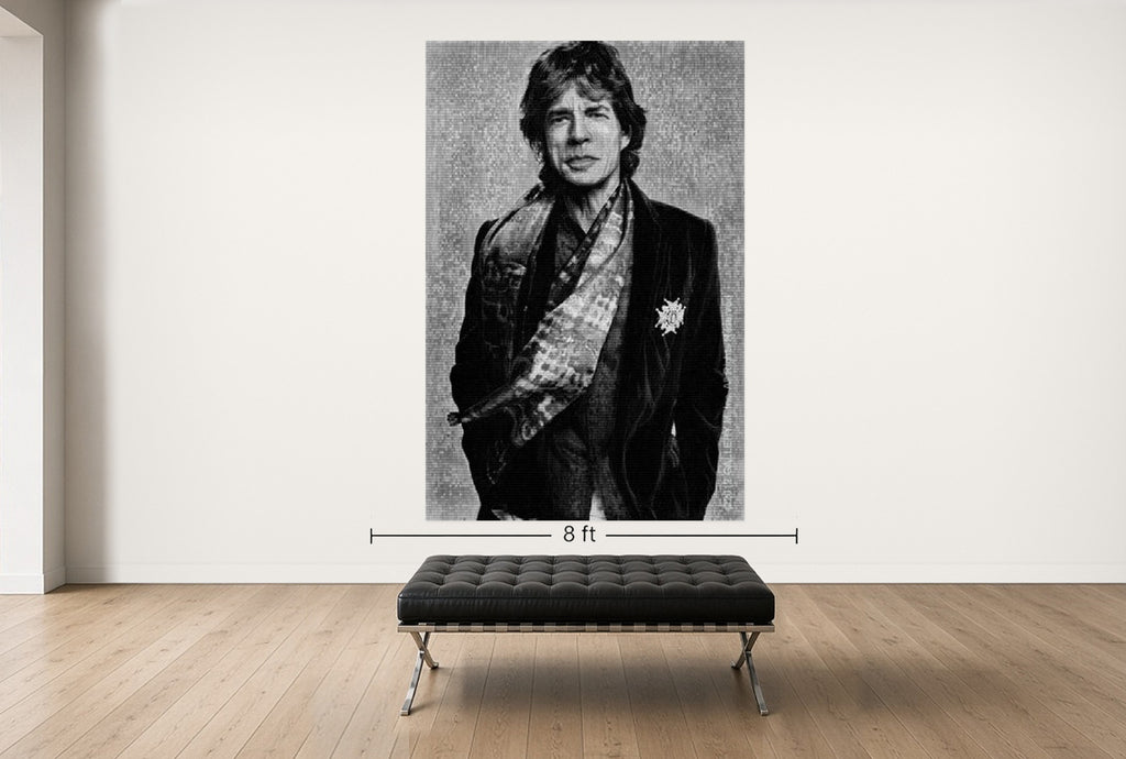 Room view — Mick Jagger vs Keith Richards, after Vadukul by Alex G Cao shown to scale on a gallery wall at 108 x 72 in. Not a reproduction of the work.