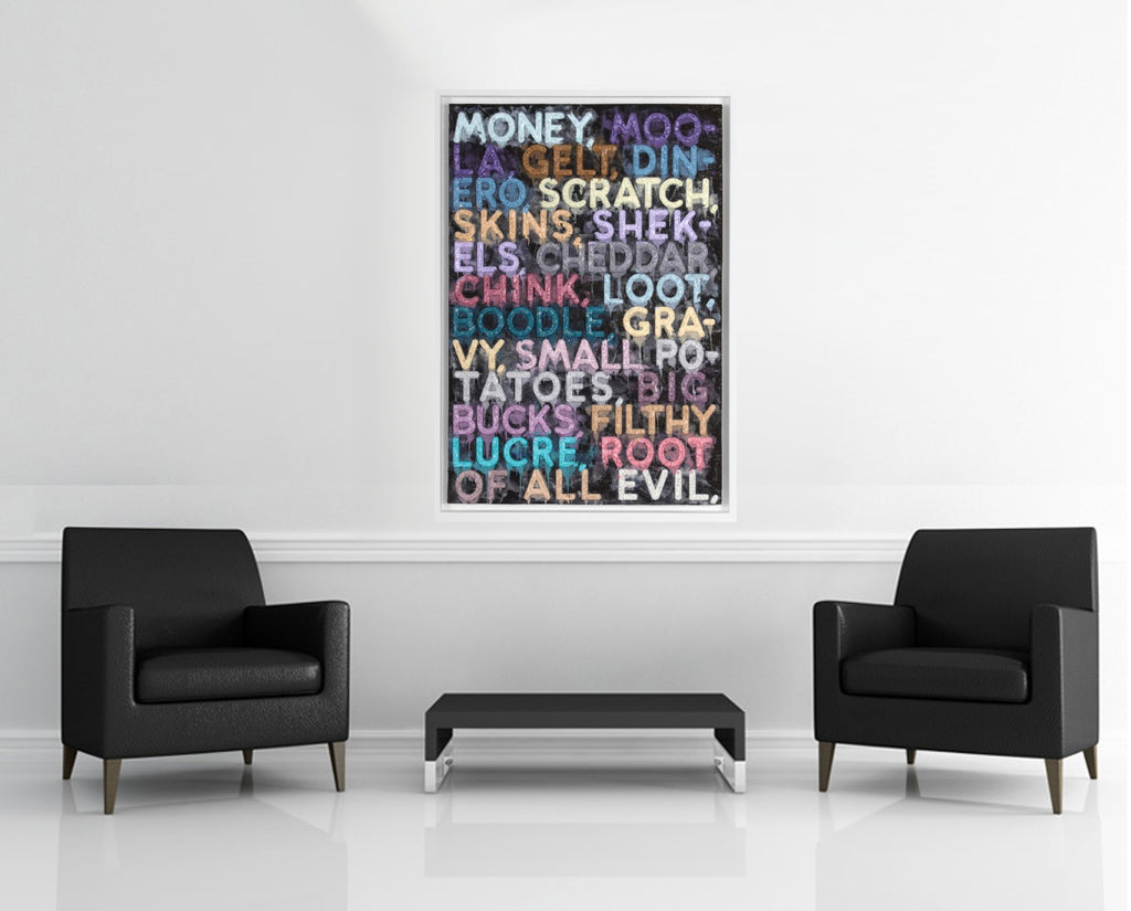 Room view — Money 2022 by Mel Bochner shown to scale on a gallery wall at 51.9167 x 41 in. Not a reproduction of the work.