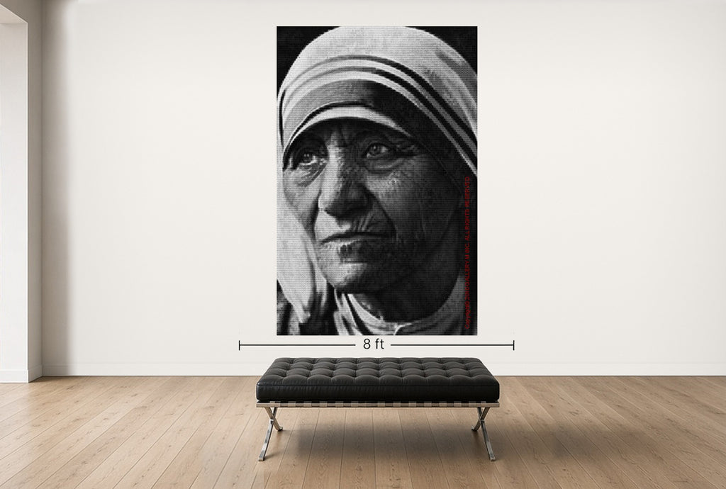 Room view — Mother Teresa vs. Gandhi by Alex G Cao shown to scale on a gallery wall at 108 x 72 in. Not a reproduction of the work.