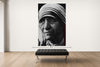 Room view — Mother Teresa vs. Gandhi by Alex G Cao shown to scale on a gallery wall at 108 x 72 in. Not a reproduction of the work.