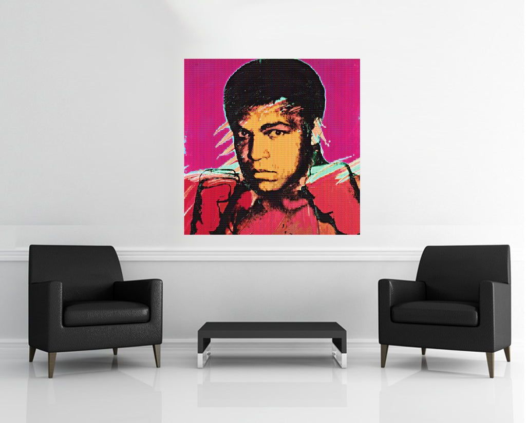 Room view — Muhammad Ali vs Warhol, 2016 by Alex G Cao shown to scale on a gallery wall at 45.5 x 45.5 in. Not a reproduction of the work.