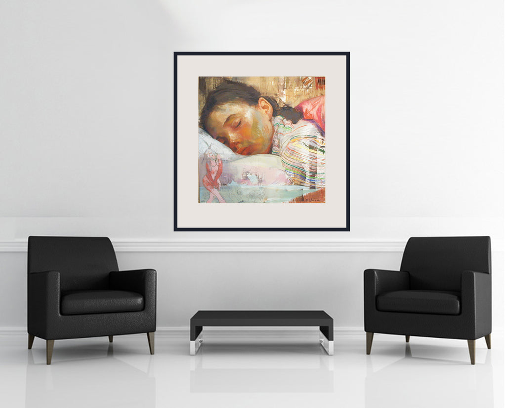 Room view — Naked Dreams, 1999 by Charles Dwyer Jr. shown to scale on a gallery wall at 34 x 34 in. Not a reproduction of the work.