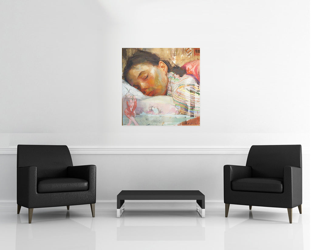 Room view — Naked Dreams by Charles Dwyer Jr. shown to scale on a gallery wall at 34 x 34 in. Not a reproduction of the work.
