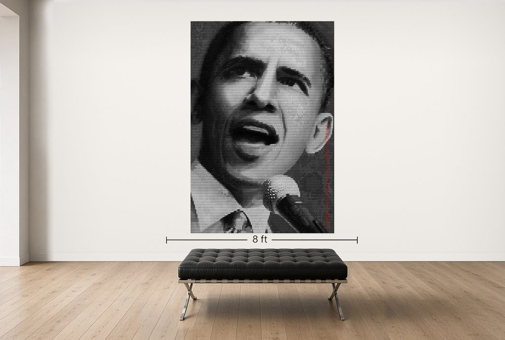 Room view — Obama vs. Lincoln by Alex G Cao shown to scale on a gallery wall at 108 x 72 in. Not a reproduction of the work.