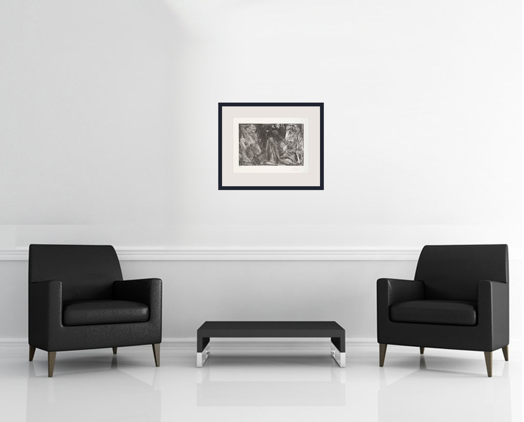 Room view — Peintre en demi-figure et modele au chignon (Homme et Femme) by Pablo Picasso shown to scale on a gallery wall at 15.375 x 19.625 in. Not a reproduction of the work.