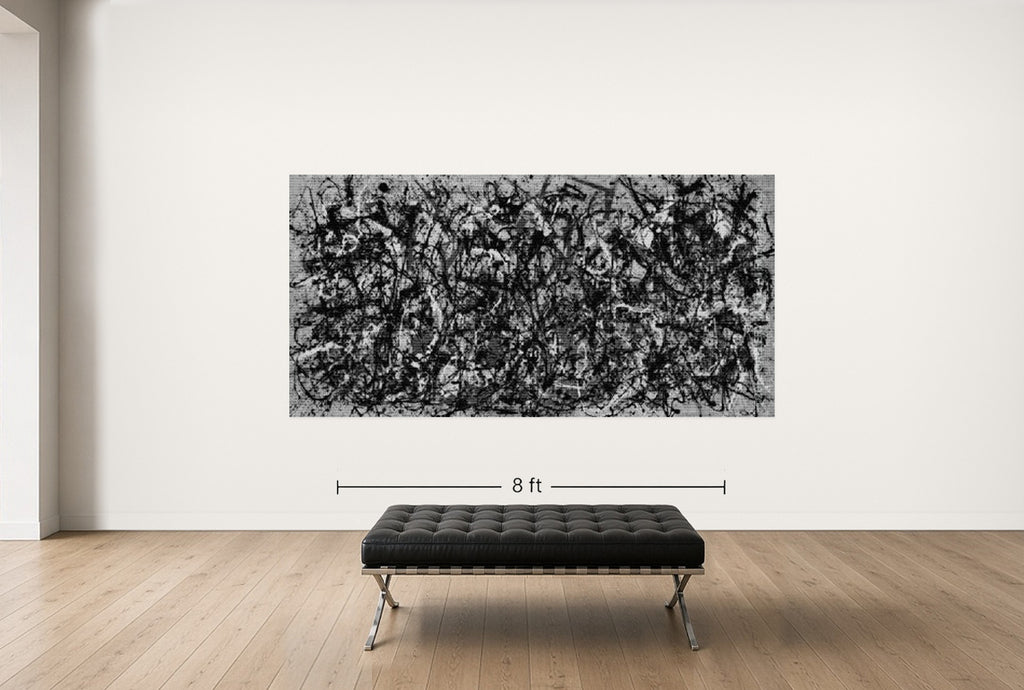 Room view — POLLOCK vs POLLOCK, AFTER POLLOCK by Alex G Cao shown to scale on a gallery wall at 60 x 120 in. Not a reproduction of the work.