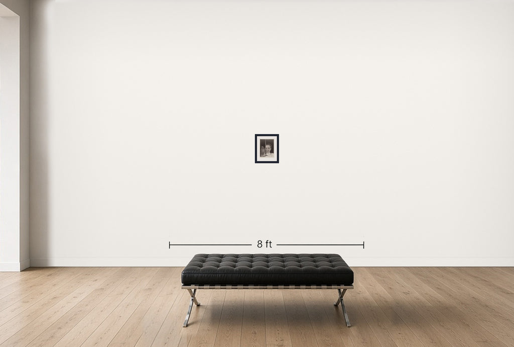 Room view — Portrait of Helena Mayer, Fencer -1935 by Imogen Cunningham shown to scale on a gallery wall at 9.3125 x 7.1875 in. Not a reproduction of the work.