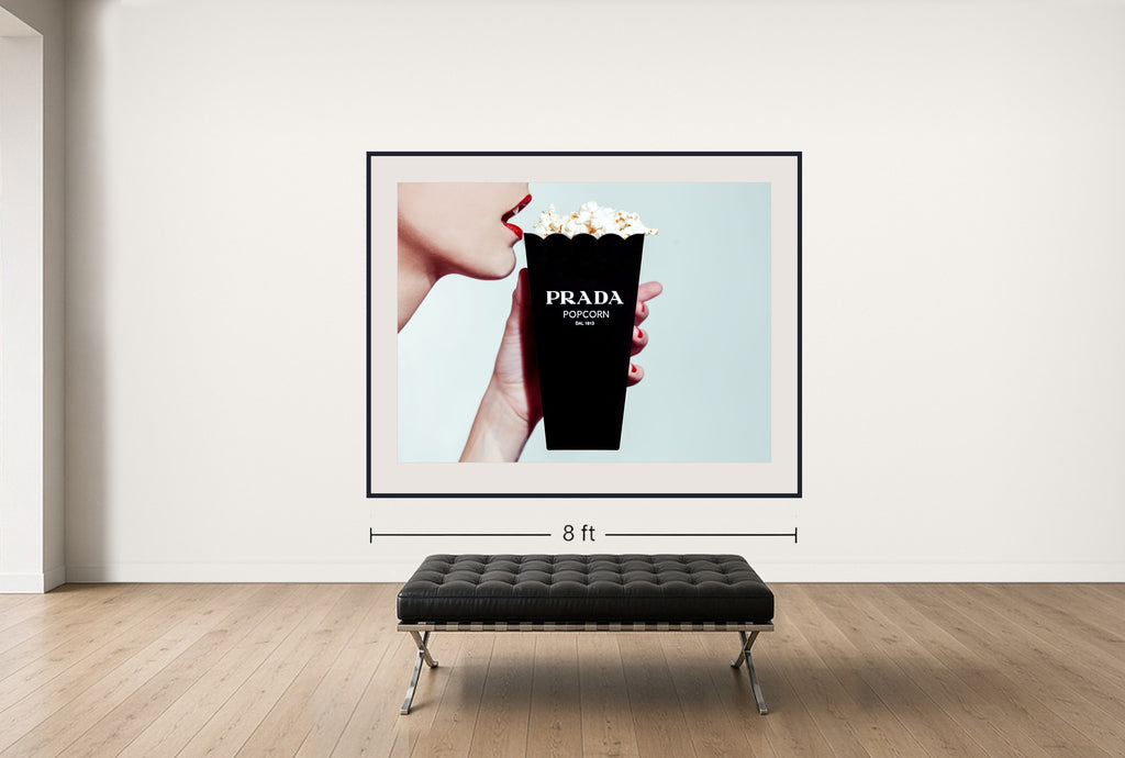 Room view — Prada Popcorn 2014 by Tyler Shields shown to scale on a gallery wall at 63 x 84 in. Not a reproduction of the work.